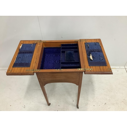 1063 - An Edwardian satinwood work table, width 42cm, depth 44cm, height 74cm. Condition - poor to fair... 