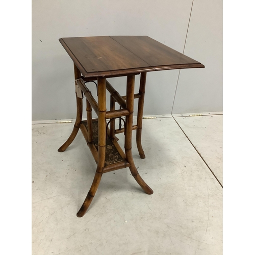 1065 - A late Victorian bamboo and mahogany single drop flap occasional table with lacquer undertier, width... 