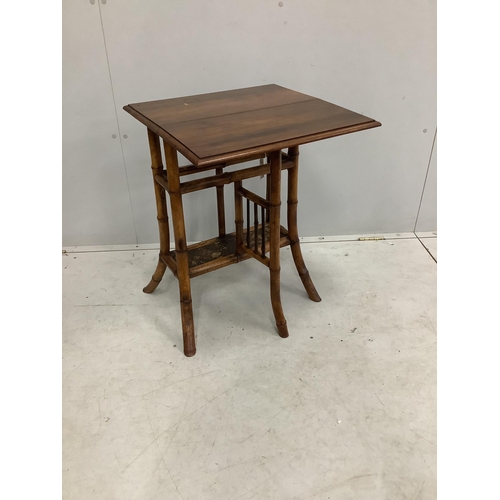 1065 - A late Victorian bamboo and mahogany single drop flap occasional table with lacquer undertier, width... 