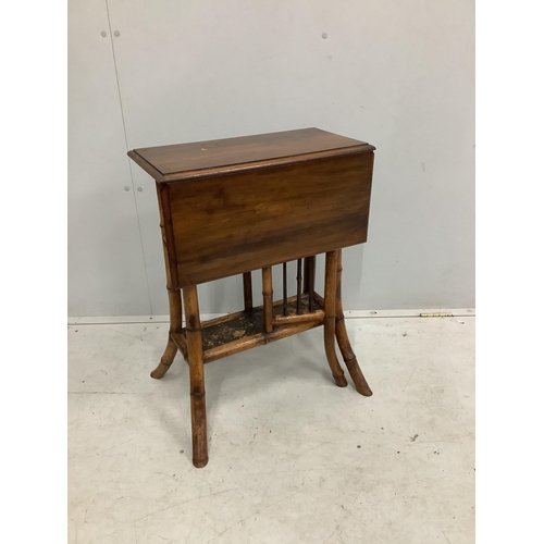 1065 - A late Victorian bamboo and mahogany single drop flap occasional table with lacquer undertier, width... 