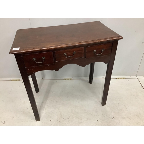 1066 - A George III rectangular mahogany three drawer side table, width 74cm, depth 41cm, height 73cm. Cond... 