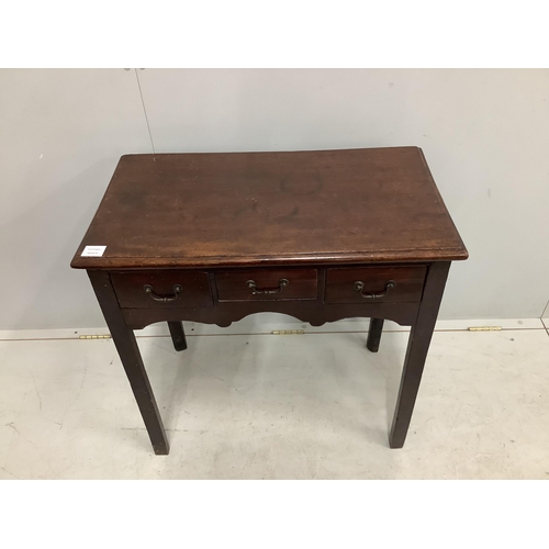 1066 - A George III rectangular mahogany three drawer side table, width 74cm, depth 41cm, height 73cm. Cond... 