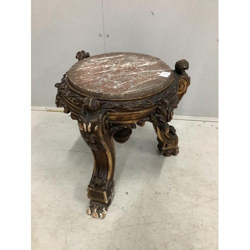 1071 - A 19th century carved parcel gilt and composition circular marble top low pedestal, diameter 54cm, h... 