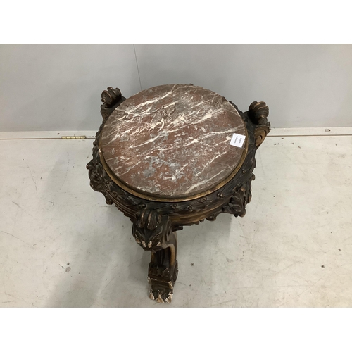 1071 - A 19th century carved parcel gilt and composition circular marble top low pedestal, diameter 54cm, h... 