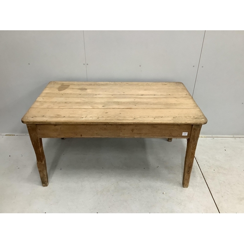 1073 - A 19th century rectangular scrubbed pine kitchen table fitted drawer on square tapered legs, width 1... 