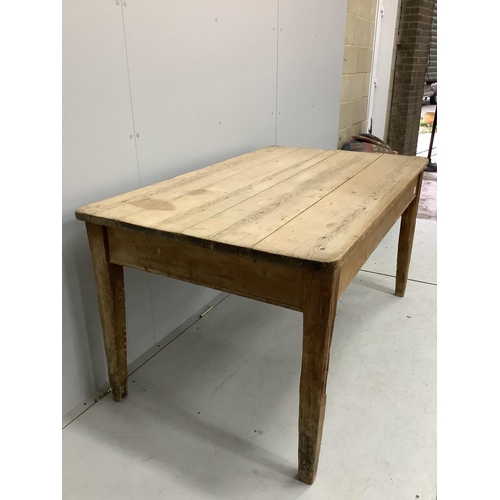 1073 - A 19th century rectangular scrubbed pine kitchen table fitted drawer on square tapered legs, width 1... 