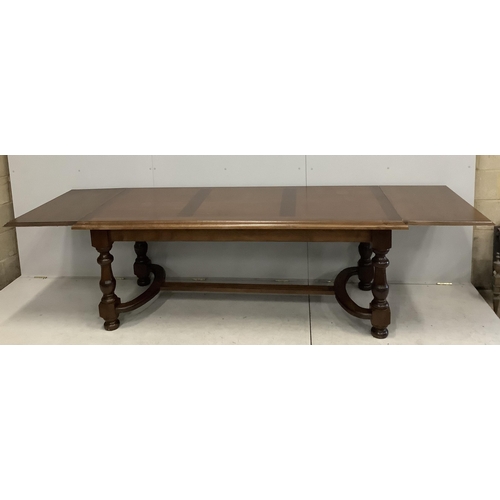 1092 - An 18th century style French rectangular oak refectory table with detachable end sections, width 200... 