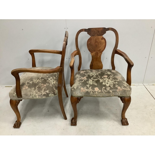 1093 - A pair of Queen Anne Revival banded walnut elbow chairs, width 62cm, depth 53cm, height 95cm. Condit... 