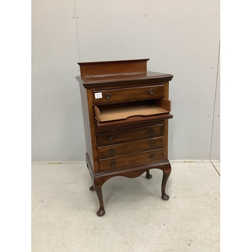 1096 - An early 20th century mahogany sheet music cabinet, fitted six drop front drawers, width 56cm, depth... 