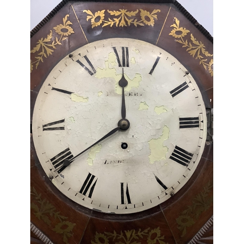 1118 - A late Regency cut brass inlaid mahogany single fusee drop dial wall timepiece, height 62cm. Conditi... 