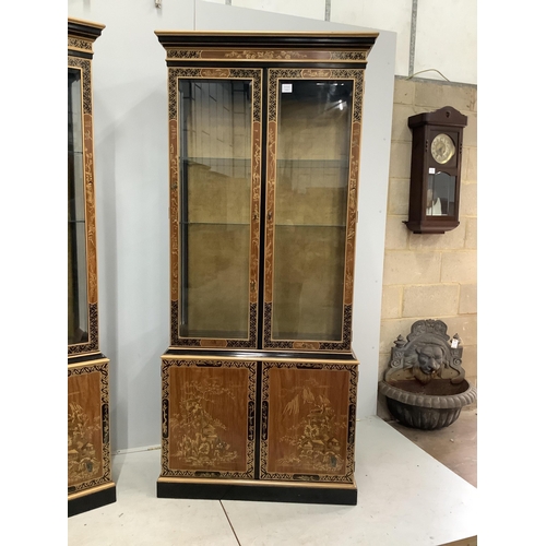 1120 - A pair of modern chinoiserie lacquered display cabinets, width 90cm, height 204cm. Condition - good... 