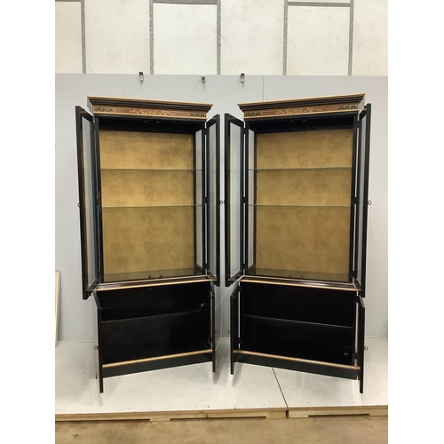 1120 - A pair of modern chinoiserie lacquered display cabinets, width 90cm, height 204cm. Condition - good... 