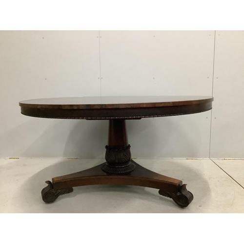 1147 - A Victorian rosewood circular tilt top breakfast table, diameter 135cm, height 72cm. Condition - poo... 