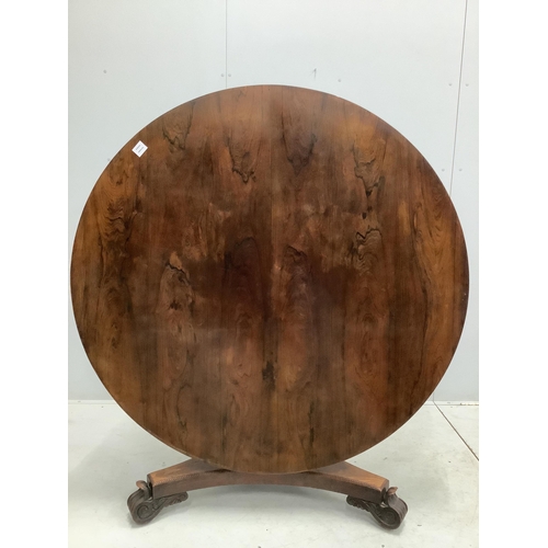 1147 - A Victorian rosewood circular tilt top breakfast table, diameter 135cm, height 72cm. Condition - poo... 