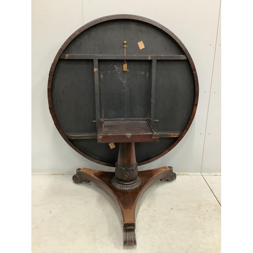 1147 - A Victorian rosewood circular tilt top breakfast table, diameter 135cm, height 72cm. Condition - poo... 