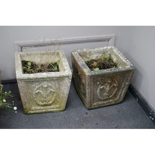 1171 - A pair of square tapered reconstituted stone garden planters, moulded with fleur de lys motifs, 36cm... 