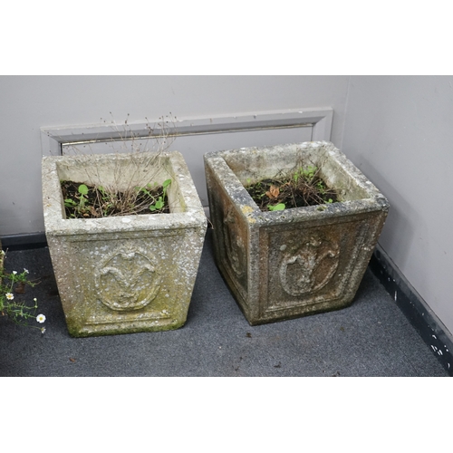 1171 - A pair of square tapered reconstituted stone garden planters, moulded with fleur de lys motifs, 36cm... 