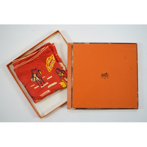 1238 - A Hermes silk Rendez Vous Rive Gauche 70 in geranium, with Hermes box, 70cm x 70cm