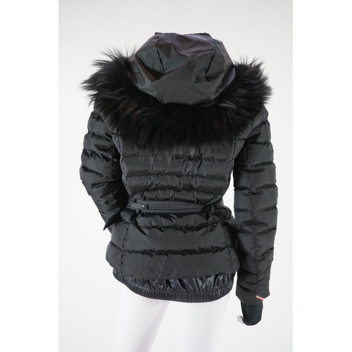 1242 - A lady's Moncler Grenoble down black ski jacket with fur trimmed hood and belted waist. UK size 10... 