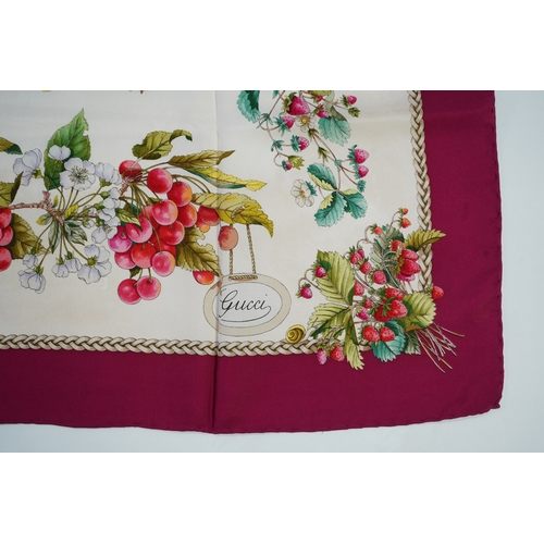 1268 - A vintage Gucci silk scarf with a design of strawberries and cherries, Gucci label, 86 x 87cm