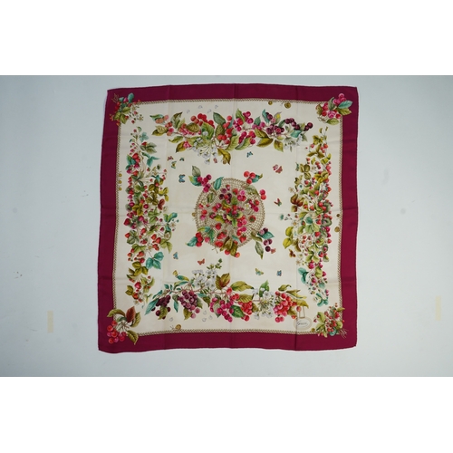 1268 - A vintage Gucci silk scarf with a design of strawberries and cherries, Gucci label, 86 x 87cm