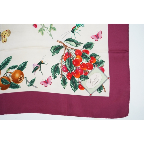 1269 - A Gucci Vittorio Accornero silk scarf with fruits and insects design, 87 x 86cm