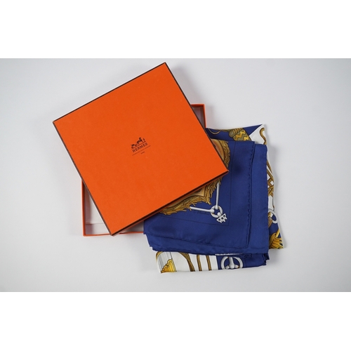 1275 - A Hermes navy Cliquetis silk scarf by Julia Abadie with box and Christmas outer box. 90 x 90cm... 