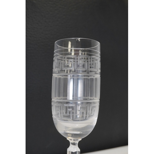 1298 - Six boxed Rosenthal for Versace champagne flutes with etched Greek key decoration, 18.5cm high. Cond... 