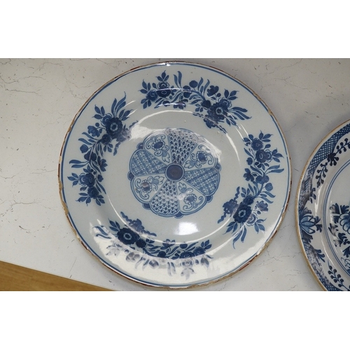 1312 - Three 18th century Delft pottery dishes, largest 31cm diameter. Condition - poor to fair