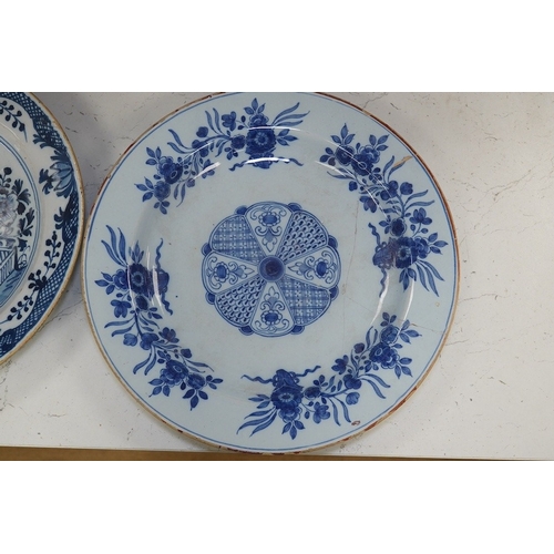 1312 - Three 18th century Delft pottery dishes, largest 31cm diameter. Condition - poor to fair