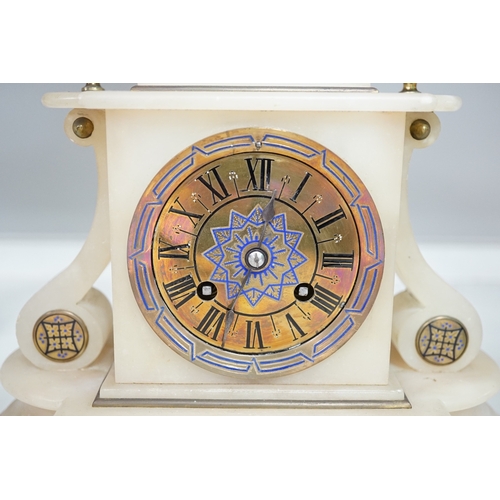 1329 - A Victorian alabaster mantel clock, striking on a bell, height 27cm. Condition - fair.