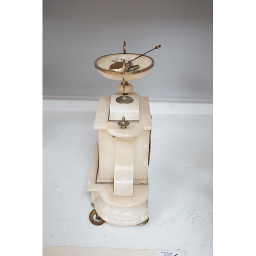 1329 - A Victorian alabaster mantel clock, striking on a bell, height 27cm. Condition - fair.