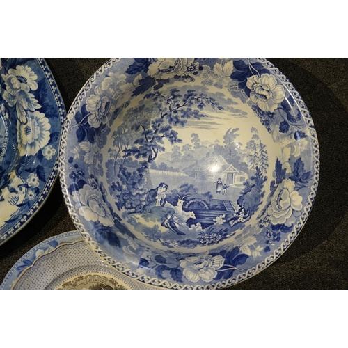 1354 - A Victorian blue and white 'Chinese Floral Pot' pattern meat plate, 42cm, two matching dinner plates... 