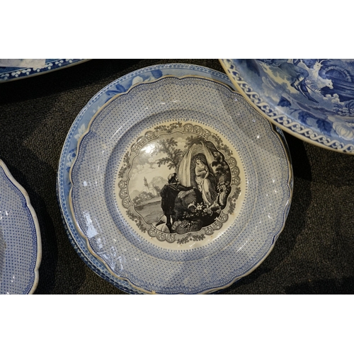 1354 - A Victorian blue and white 'Chinese Floral Pot' pattern meat plate, 42cm, two matching dinner plates... 