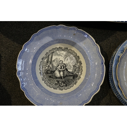 1354 - A Victorian blue and white 'Chinese Floral Pot' pattern meat plate, 42cm, two matching dinner plates... 