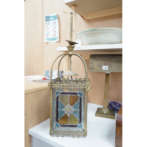 1355 - A Victorian  coloured leaded glass and brass hall lantern, 65cm high. Condition - fair.