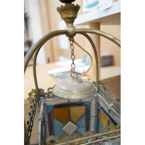 1355 - A Victorian  coloured leaded glass and brass hall lantern, 65cm high. Condition - fair.