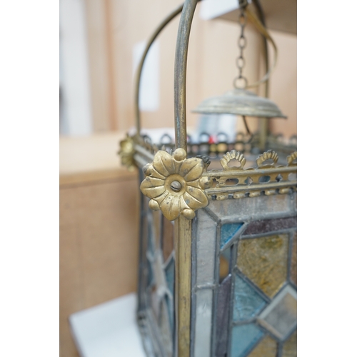 1355 - A Victorian  coloured leaded glass and brass hall lantern, 65cm high. Condition - fair.