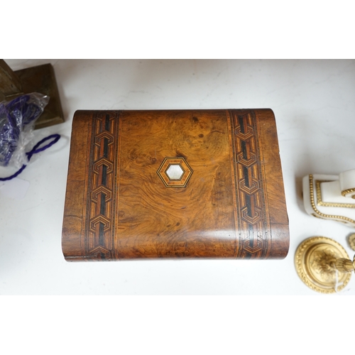 1357 - A late 19th century inlaid walnut writing slope, 30.5cm wide. Condition - fair.