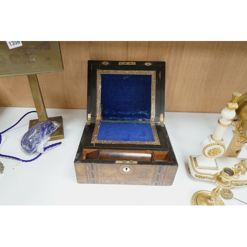 1357 - A late 19th century inlaid walnut writing slope, 30.5cm wide. Condition - fair.