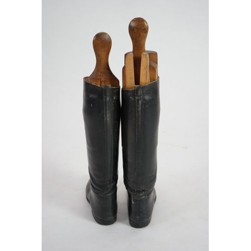 1361 - A pair of mens black leather riding boots with wooden trees, 45cm high. Condition - fair need polish... 