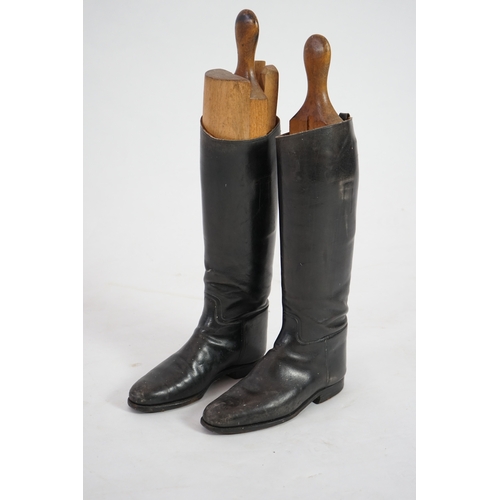 1361 - A pair of mens black leather riding boots with wooden trees, 45cm high. Condition - fair need polish... 