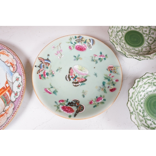 1379 - A Chinese export famille rose plate, two pedestal stem dishes and another famille rose dish, Canton ... 