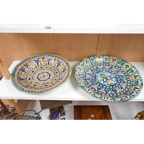 1386 - Two 19th/20th century Moroccan polychrome pottery dishes, 41cm diameter. Condition - fair to good... 