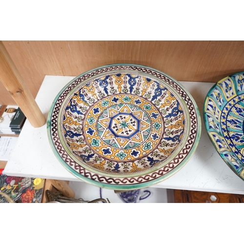 1386 - Two 19th/20th century Moroccan polychrome pottery dishes, 41cm diameter. Condition - fair to good... 