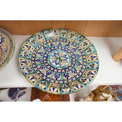 1386 - Two 19th/20th century Moroccan polychrome pottery dishes, 41cm diameter. Condition - fair to good... 