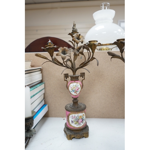 1391 - A pair of French porcelain mounted gilt metal candelabra and one other pair, tallest 45cm. Condition... 