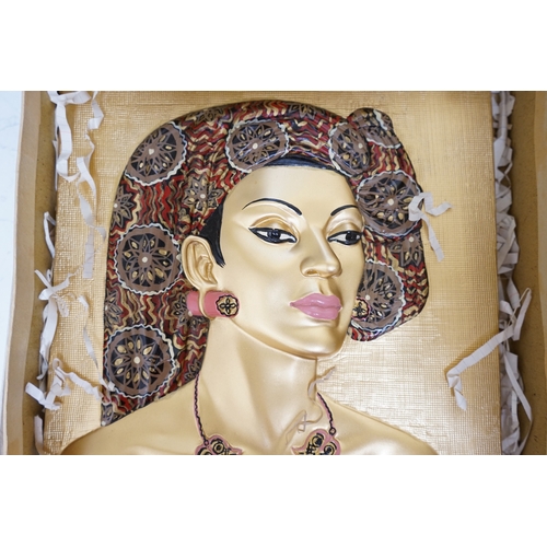 1395 - Five moulded and hand painted plaster plaques, busts of women, in original boxes, 35cm high. Conditi... 