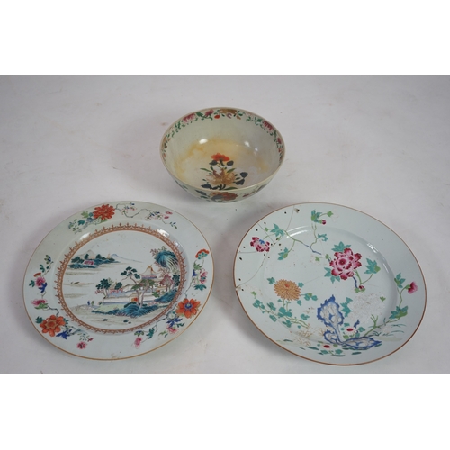 1397 - A Chinese famille rose landscape dish, Qianlong, 38.5cm, another dish with floral decoration, 38.5... 