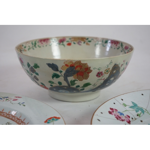 1397 - A Chinese famille rose landscape dish, Qianlong, 38.5cm, another dish with floral decoration, 38.5... 